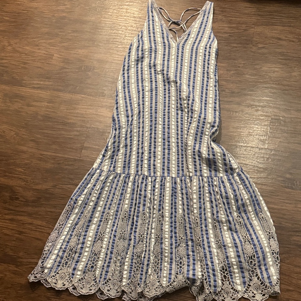 By Anthropologie Blue and White Tiered Crochet Hem Dress